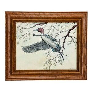 Vintage Mallard Duck In Flight With Tree Branches & Leaves Marble Etching Signed